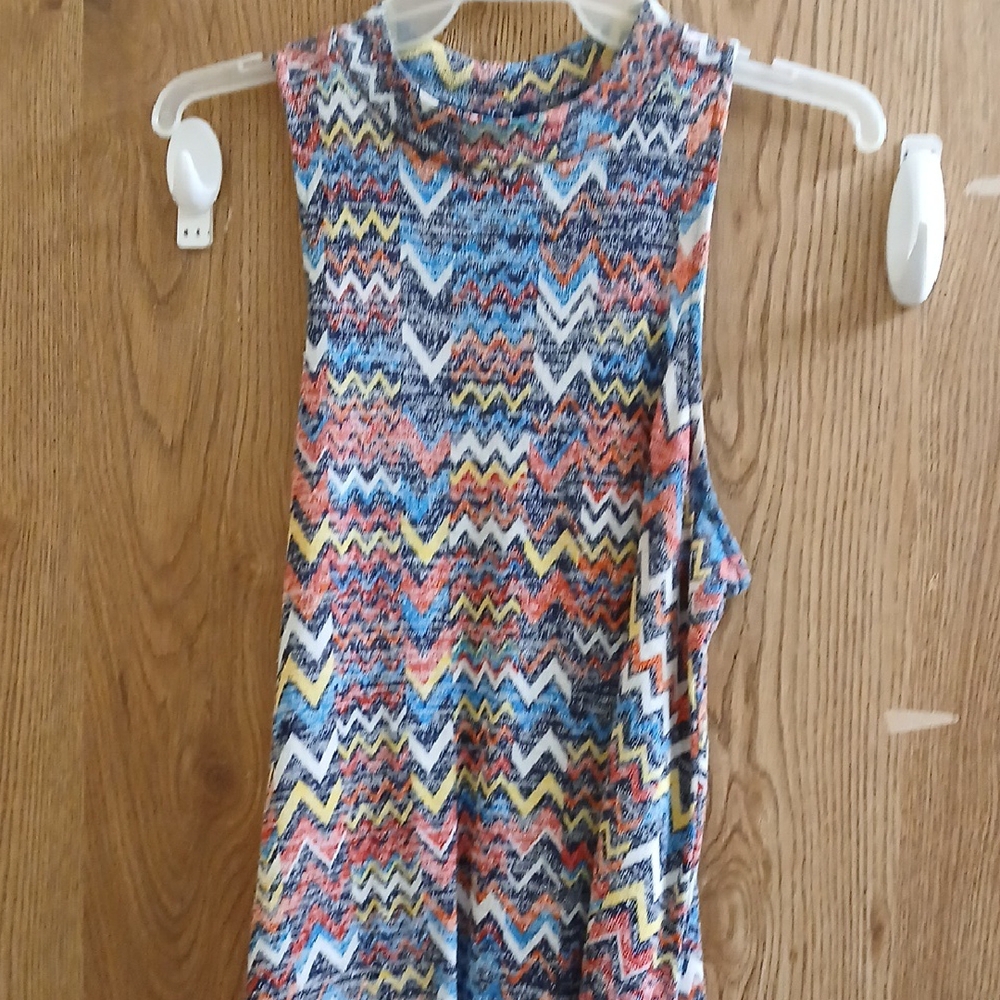 Red and Blue Zigzag Blouse with High Neckline